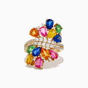The 14K Yellow Gold Multi Sapphire and Diamond Statement Ring features clusters of blue, pink, yellow, orange, and green sapphires with sparkling white diamond accents—an eye-catching statement piece.