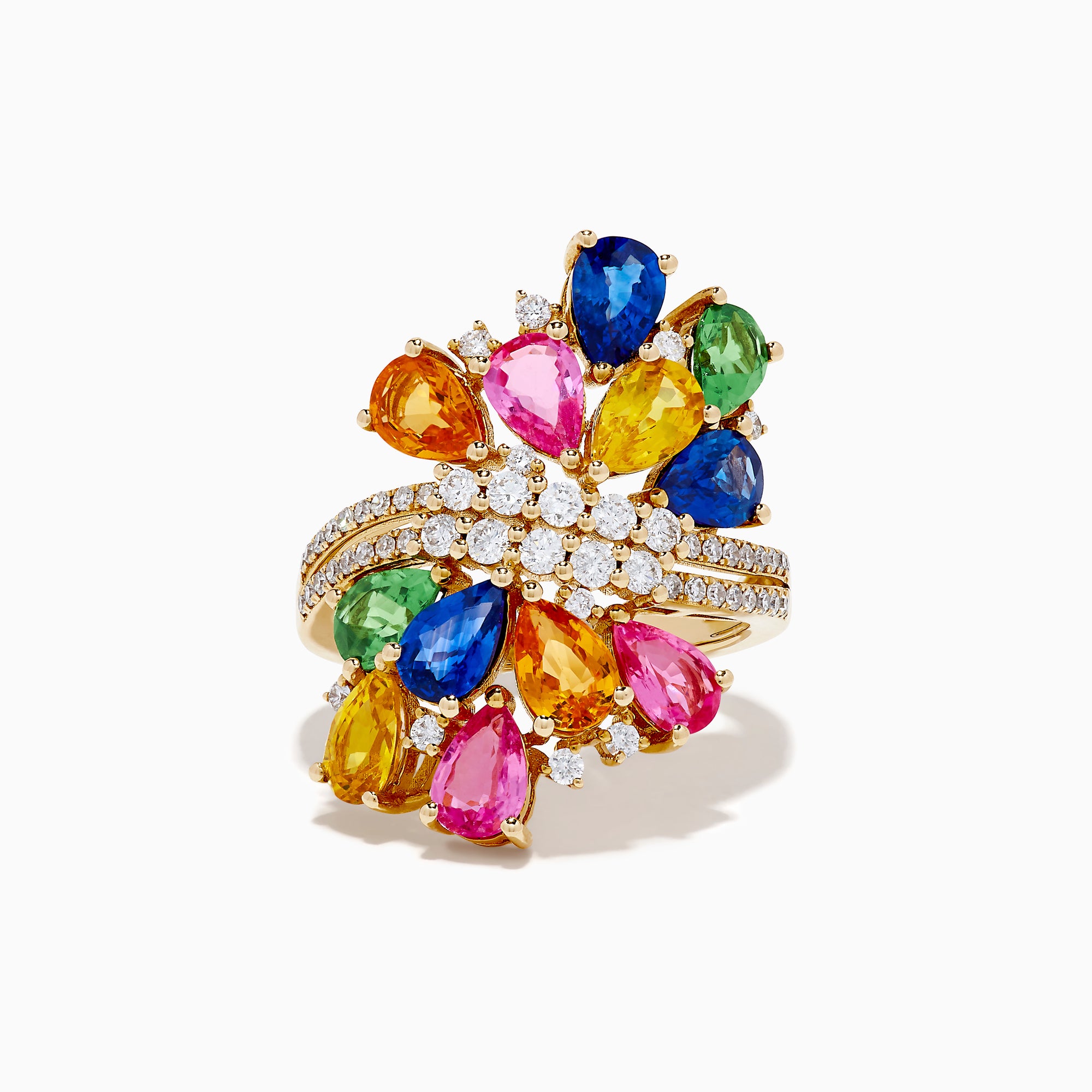 The 14K Yellow Gold Multi Sapphire and Diamond Statement Ring features clusters of blue, pink, yellow, orange, and green sapphires with sparkling white diamond accents—an eye-catching statement piece.