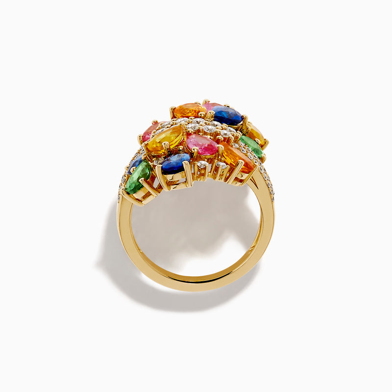 The 14K Yellow Gold Multi Sapphire and Diamond Statement Ring features clusters of blue, pink, yellow, orange, and green sapphires with sparkling white diamond accents—an eye-catching statement piece.