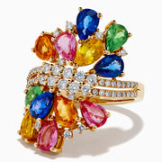 The 14K Yellow Gold Multi Sapphire and Diamond Statement Ring features clusters of blue, pink, yellow, orange, and green sapphires with sparkling white diamond accents—an eye-catching statement piece.