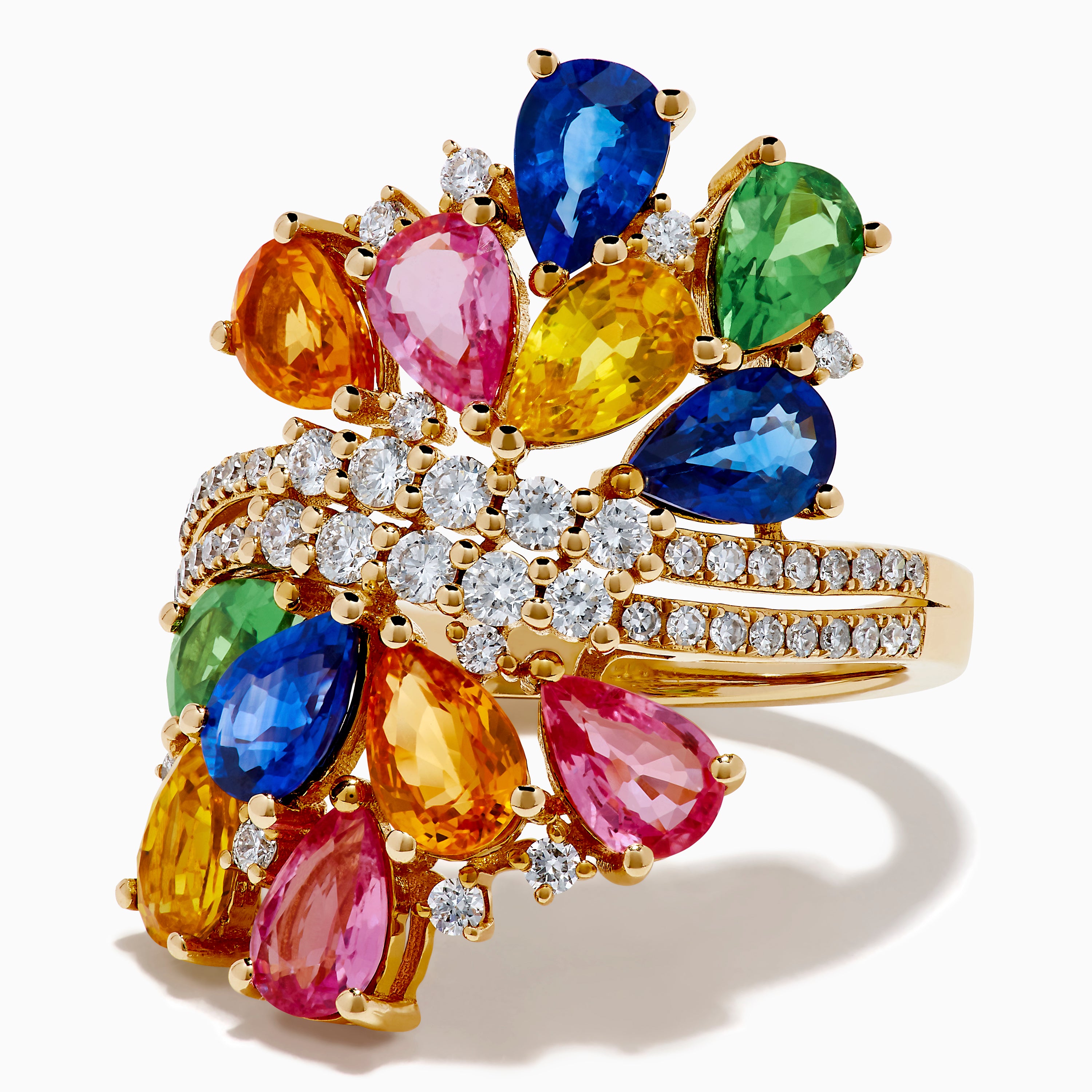 The 14K Yellow Gold Multi Sapphire and Diamond Statement Ring features clusters of blue, pink, yellow, orange, and green sapphires with sparkling white diamond accents—an eye-catching statement piece.