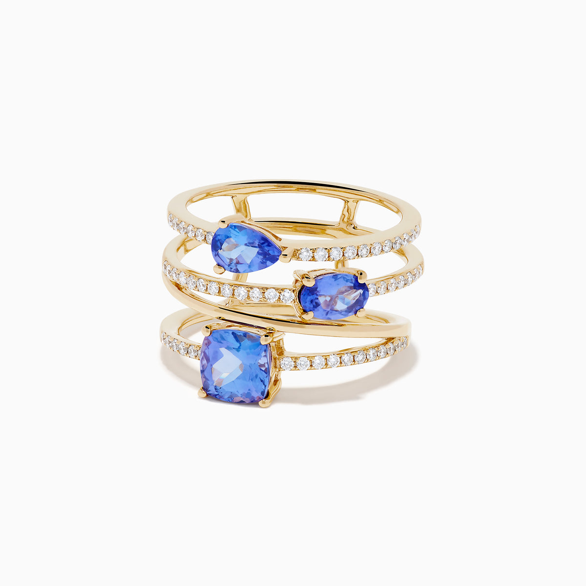 The 14K Yellow Gold Tanzanite and Diamond Multi-Row Statement Ring features three stacked bands set with white diamonds and pear, oval, and cushion-cut blue tanzanite gemstones.