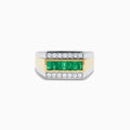 The Men's Two Tone Gold Channel Set Emerald and Diamond Signet Ring showcases a row of square-cut emeralds bordered by rows of round diamonds, blending elegance and bold style.