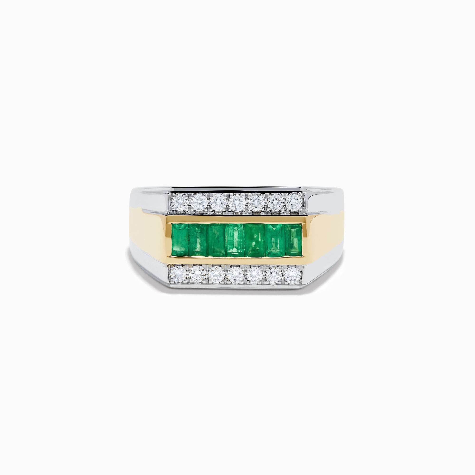 The Men's Two Tone Gold Channel Set Emerald and Diamond Signet Ring showcases a row of square-cut emeralds bordered by rows of round diamonds, blending elegance and bold style.