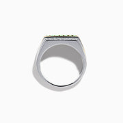 The Men's Two Tone Gold Channel Set Emerald and Diamond Signet Ring showcases a row of square-cut emeralds bordered by rows of round diamonds, blending elegance and bold style.