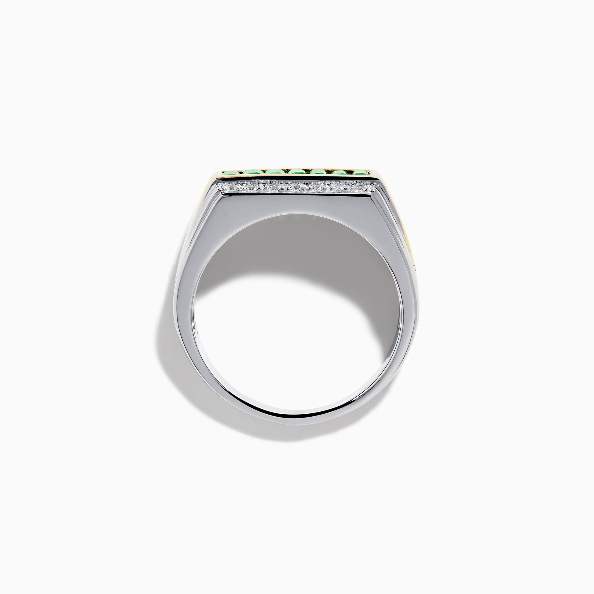 The Men's Two Tone Gold Channel Set Emerald and Diamond Signet Ring showcases a row of square-cut emeralds bordered by rows of round diamonds, blending elegance and bold style.