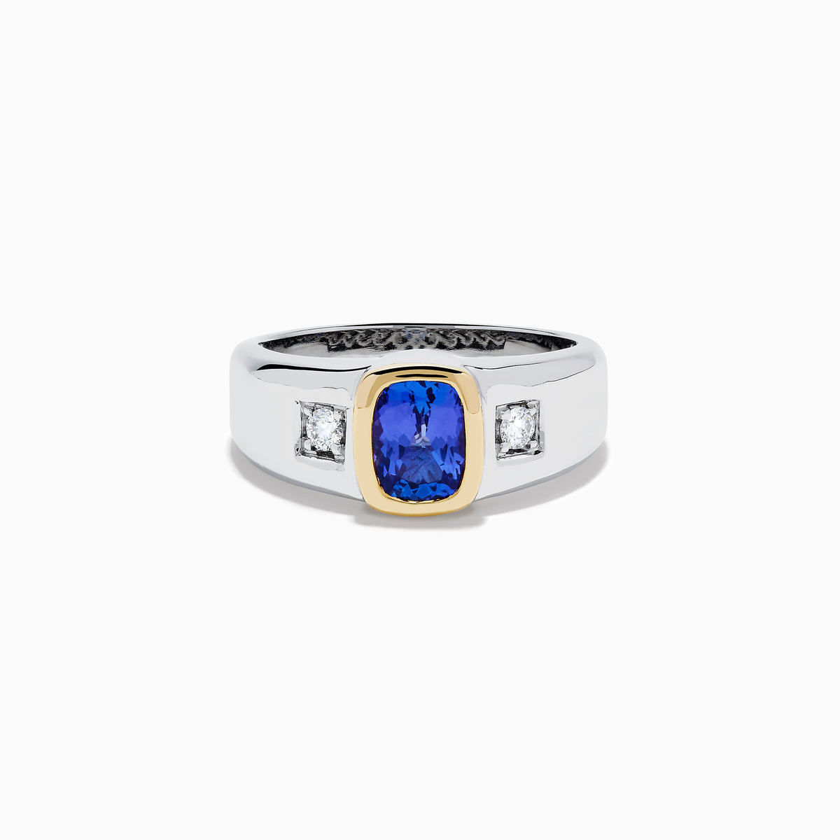 Men's 14K two tone gold ring featuring a cushion cut tanzanite center in a gold bezel setting, flanked by two square diamonds, shown on a plain white background.