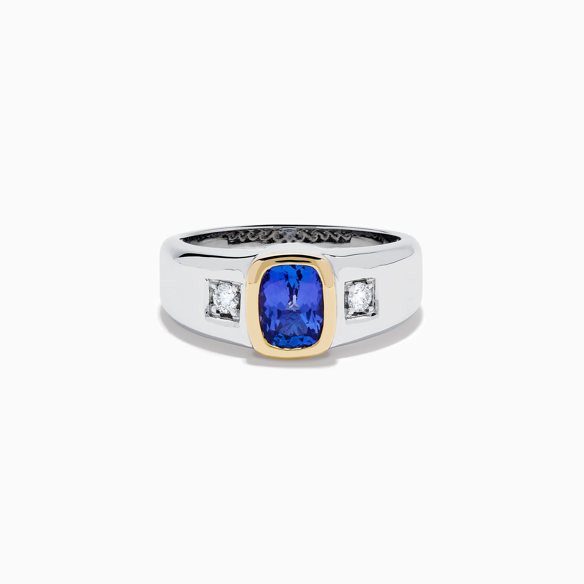 Men's 14K two tone gold ring featuring a cushion cut tanzanite center in a gold bezel setting, flanked by two square diamonds, shown on a plain white background.