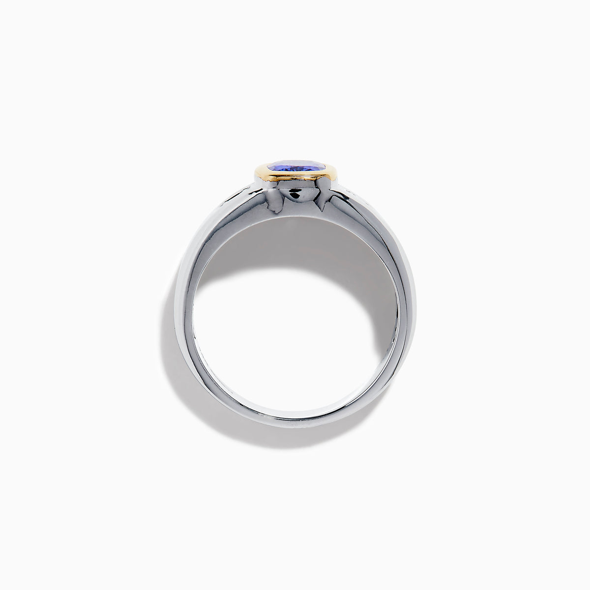 Men's 14K two tone gold ring featuring a cushion cut tanzanite center in a gold bezel setting, flanked by two square diamonds, shown on a plain white background.