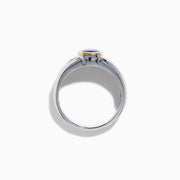 Men's 14K two tone gold ring featuring a cushion cut tanzanite center in a gold bezel setting, flanked by two square diamonds, shown on a plain white background.