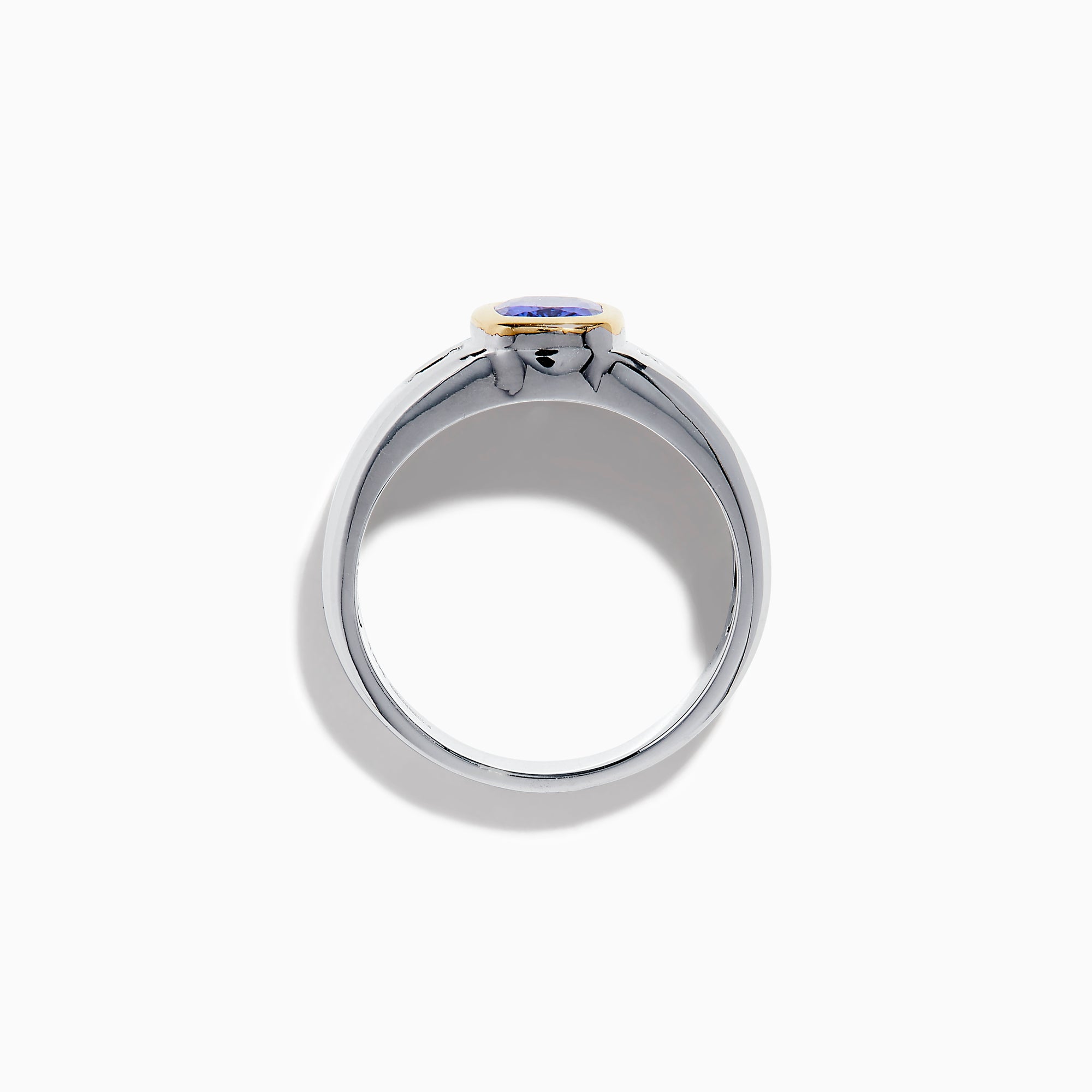 Men's 14K two tone gold ring featuring a cushion cut tanzanite center in a gold bezel setting, flanked by two square diamonds, shown on a plain white background.