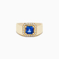 Men's 14K Yellow Gold Step Cut Tanzanite and Diamond Halo Signet Ring featuring a square blue gemstone center with a double diamond halo, shown on a plain white background.