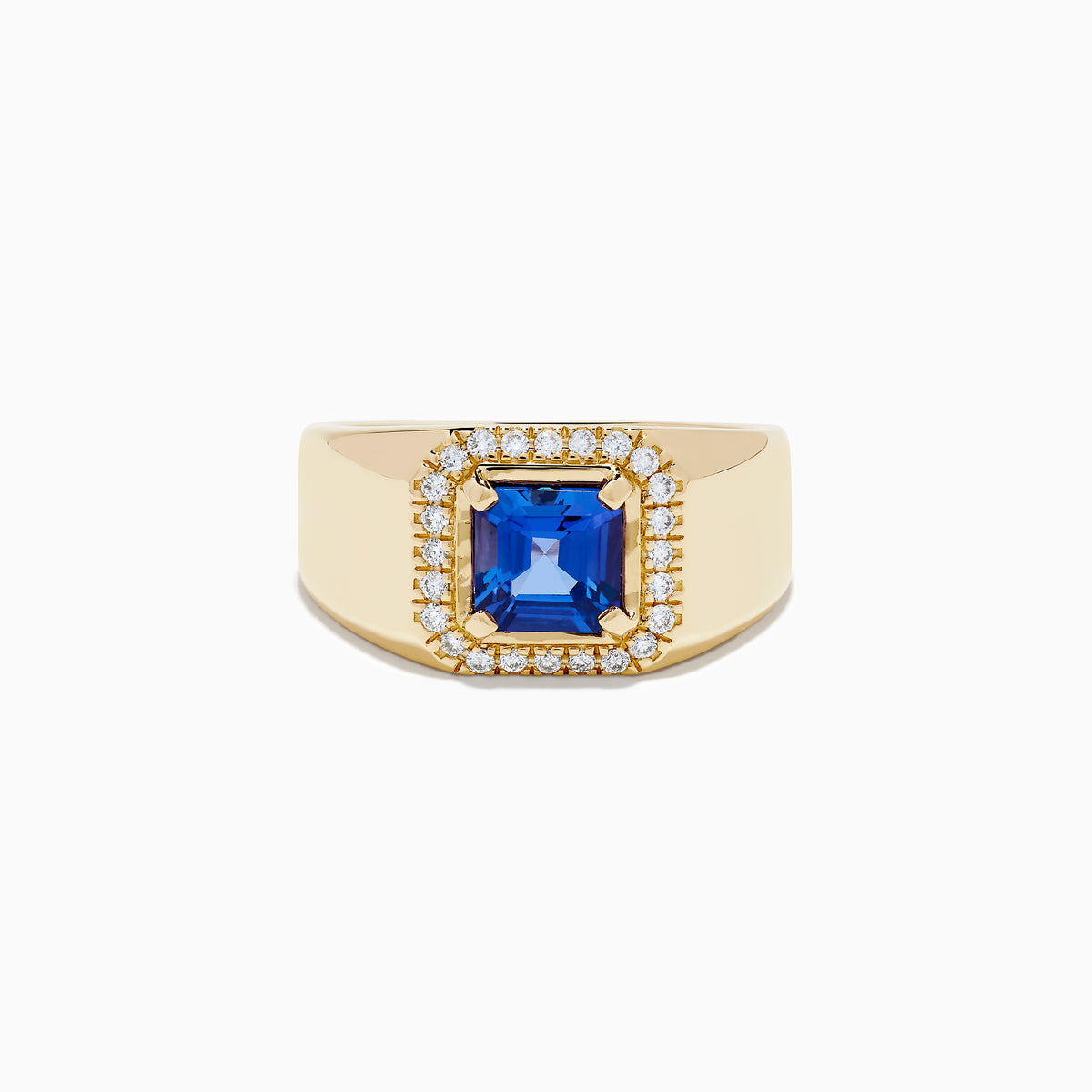 Men's 14K Yellow Gold Step Cut Tanzanite and Diamond Halo Signet Ring featuring a square blue gemstone center with a double diamond halo, shown on a plain white background.