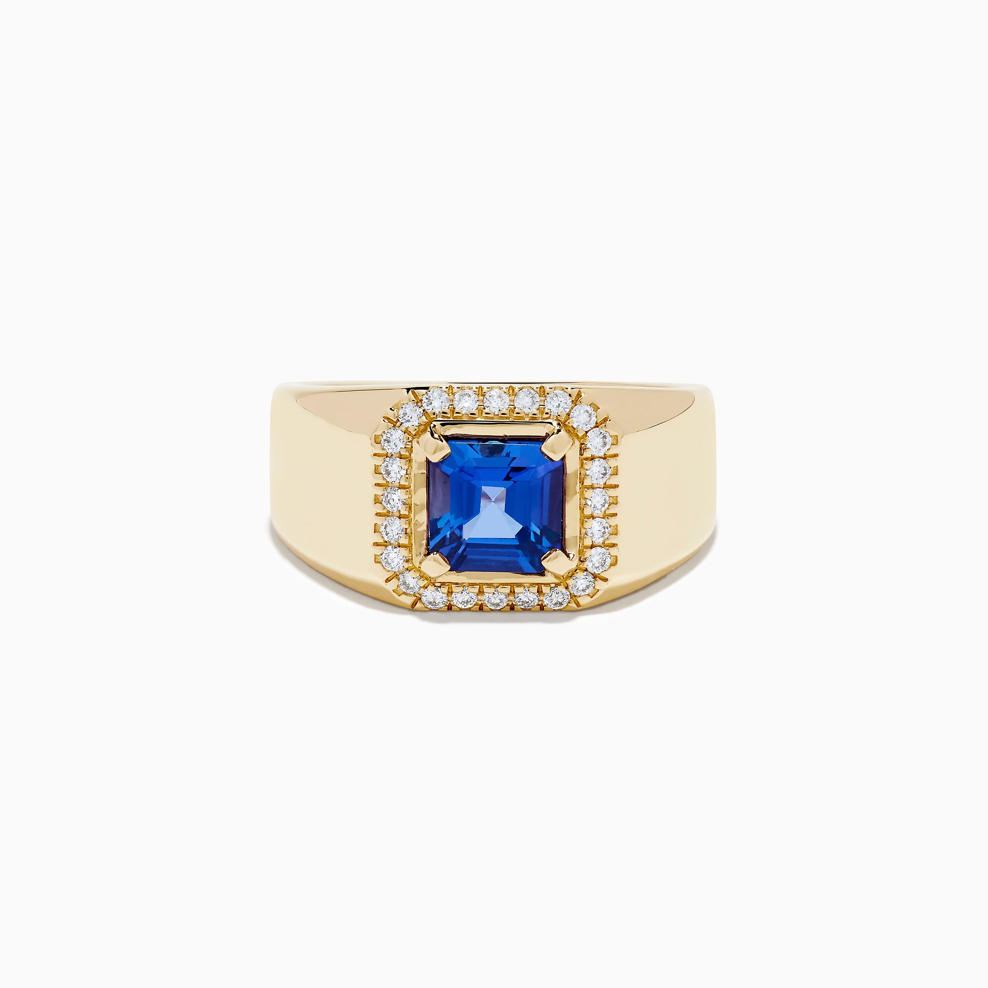 Men's 14K Yellow Gold Step Cut Tanzanite and Diamond Halo Signet Ring featuring a square blue gemstone center with a double diamond halo, shown on a plain white background.
