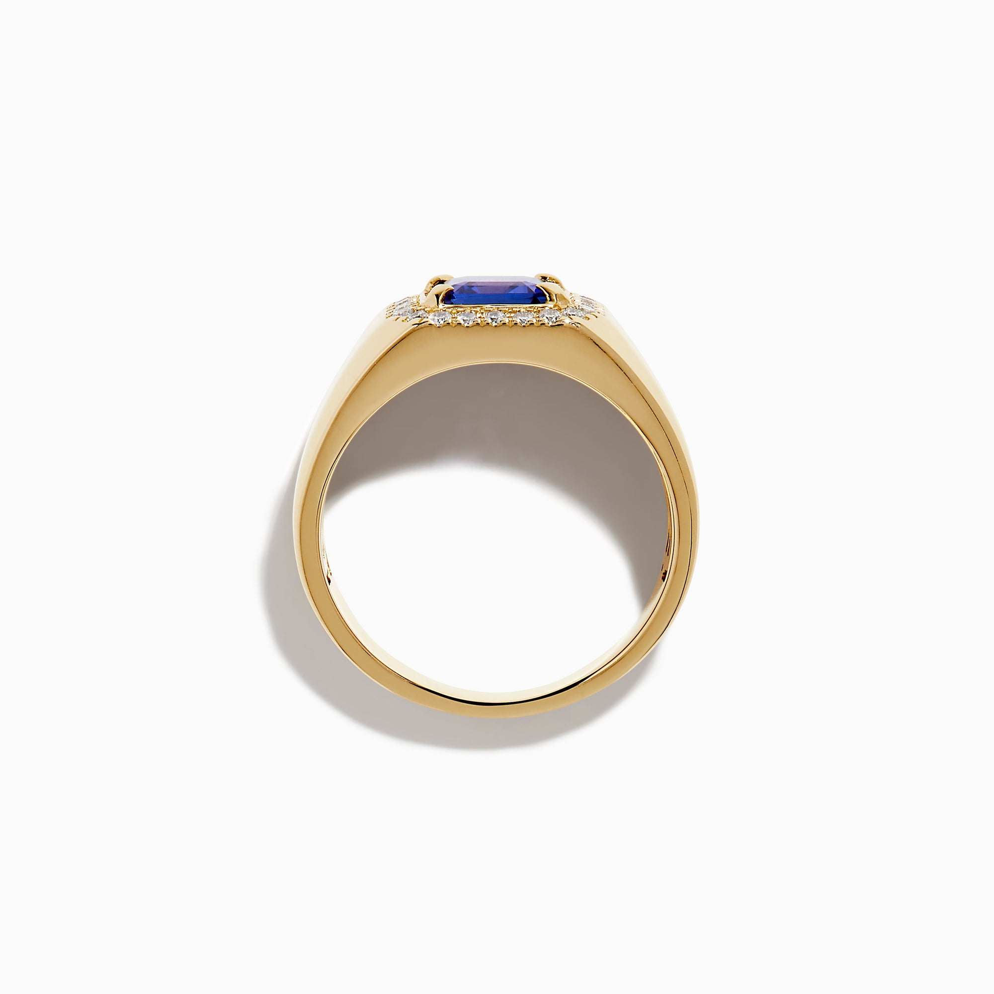 Men's 14K Yellow Gold Step Cut Tanzanite and Diamond Halo Signet Ring featuring a square blue gemstone center with a double diamond halo, shown on a plain white background.