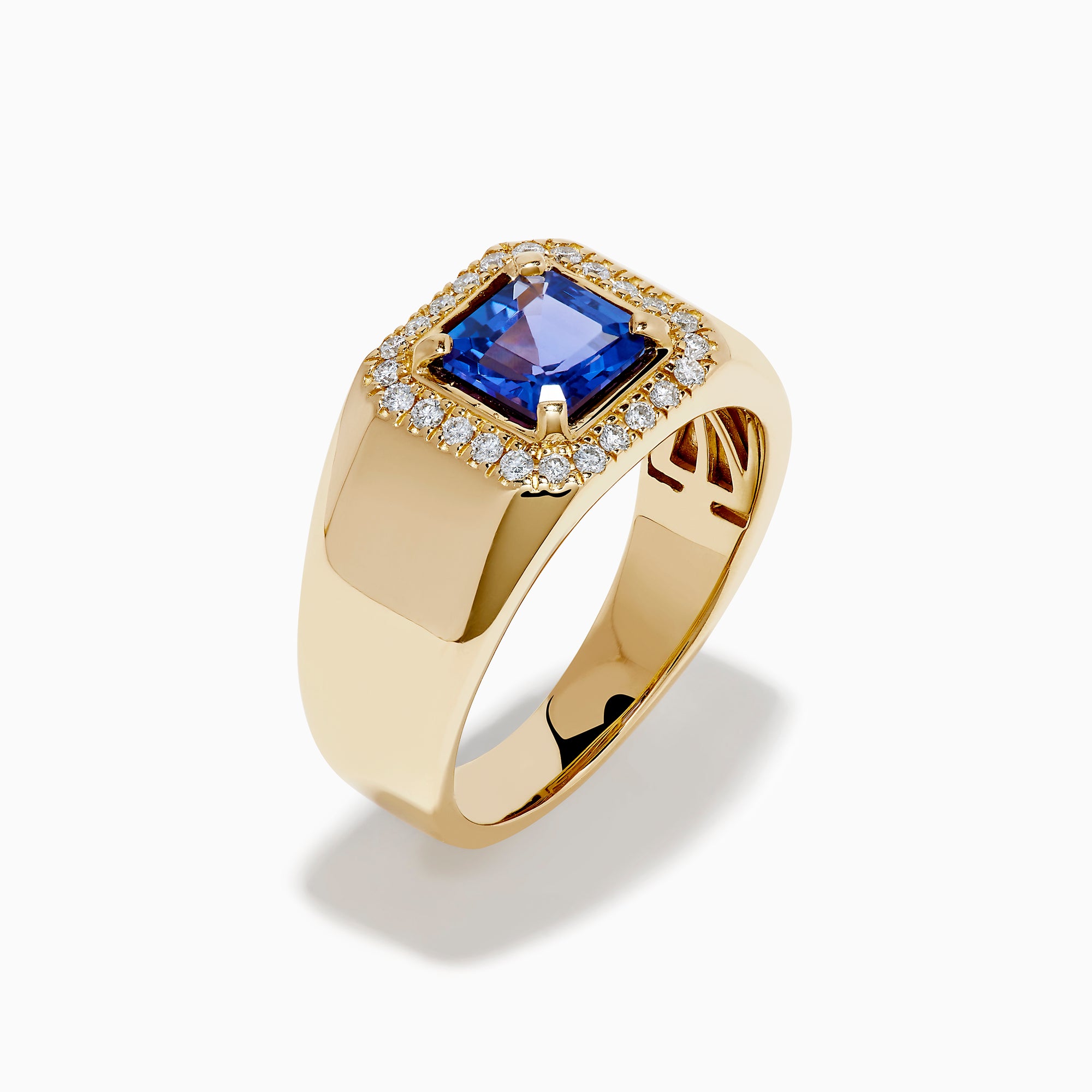Men's 14K Yellow Gold Step Cut Tanzanite and Diamond Halo Signet Ring featuring a square blue gemstone center with a double diamond halo, shown on a plain white background.