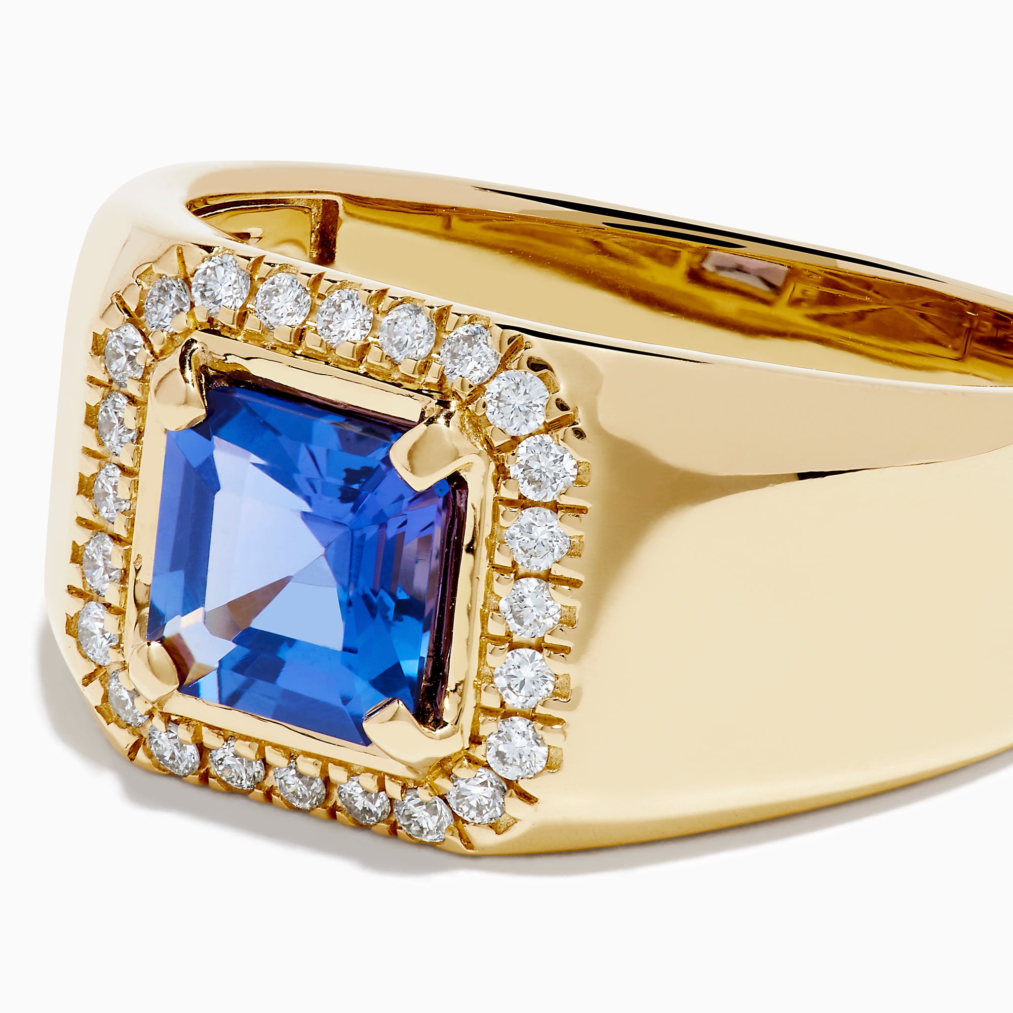 Men's 14K Yellow Gold Step Cut Tanzanite and Diamond Halo Signet Ring featuring a square blue gemstone center with a double diamond halo, shown on a plain white background.