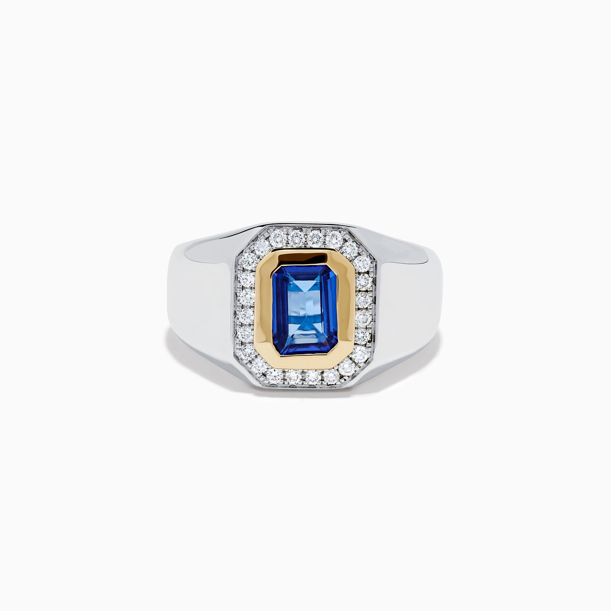 The Men's 14K Two Tone Gold Tanzanite and Diamond Bezel Halo Ring features a rectangular blue tanzanite framed by dazzling white diamonds, set on a bold band for a standout look.