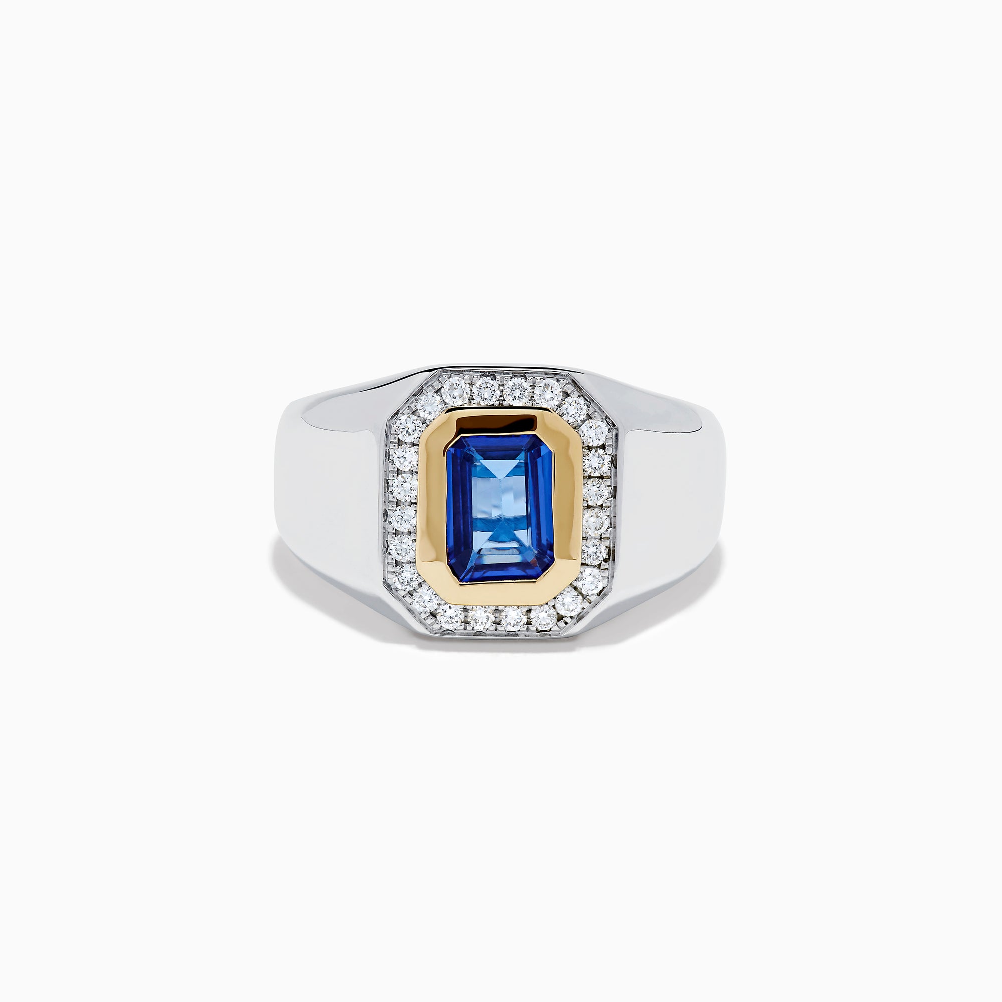 The Men's 14K Two Tone Gold Tanzanite and Diamond Bezel Halo Ring features a rectangular blue tanzanite framed by dazzling white diamonds, set on a bold band for a standout look.