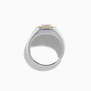 The Men's 14K Two Tone Gold Tanzanite and Diamond Bezel Halo Ring features a rectangular blue tanzanite framed by dazzling white diamonds, set on a bold band for a standout look.