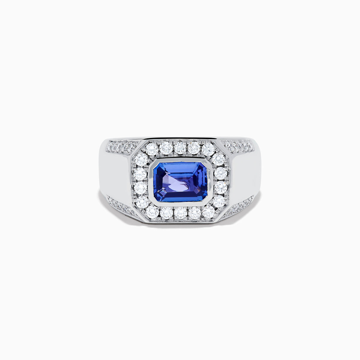 The Men's 14K White Gold East West Tanzanite and Diamond Signet Ring features a rectangular tanzanite center set among round diamonds in a bold geometric design, showcased on a white background.