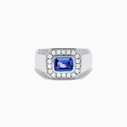 The Men's 14K White Gold East West Tanzanite and Diamond Signet Ring features a rectangular tanzanite center set among round diamonds in a bold geometric design, showcased on a white background.