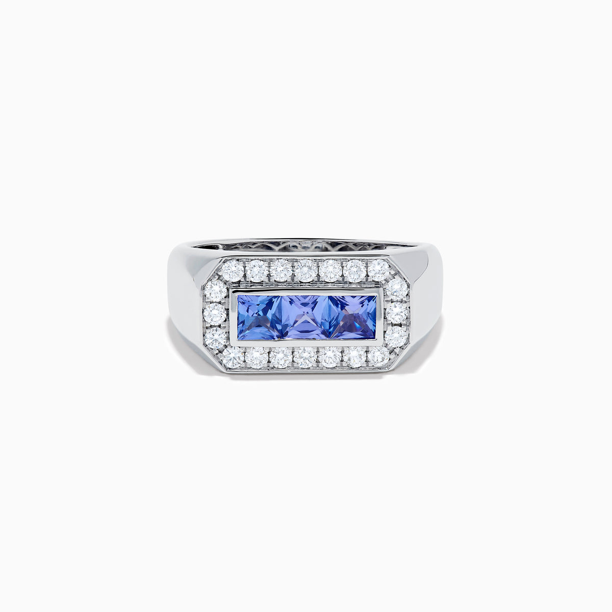 The Men's 14K White Gold Princess Cut Tanzanite and Diamond Signet Ring features three princess-cut tanzanites at the center, framed by small round white diamonds in an octagonal border.