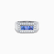 The Men's 14K White Gold Princess Cut Tanzanite and Diamond Signet Ring features three princess-cut tanzanites at the center, framed by small round white diamonds in an octagonal border.