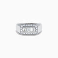 The Men's 14K White Gold Baguette and Round Diamond Signet Ring features a rectangular center set with four baguette-cut diamonds, bordered by smaller round diamonds, shown against a white background.