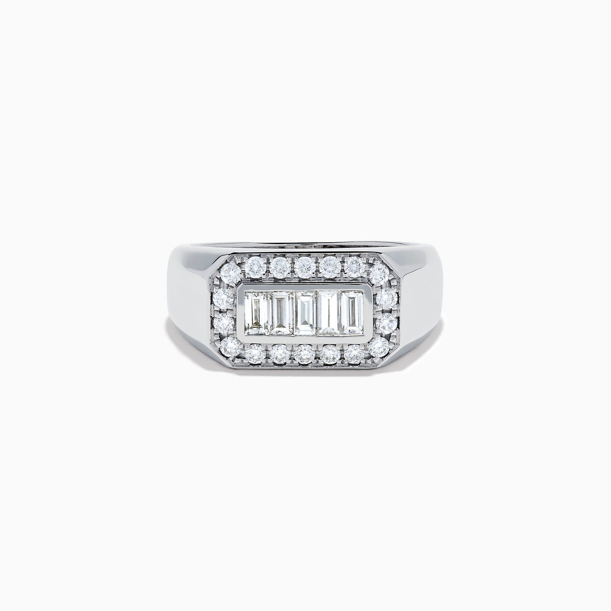 The Men's 14K White Gold Baguette and Round Diamond Signet Ring features a rectangular center set with four baguette-cut diamonds, bordered by smaller round diamonds, shown against a white background.