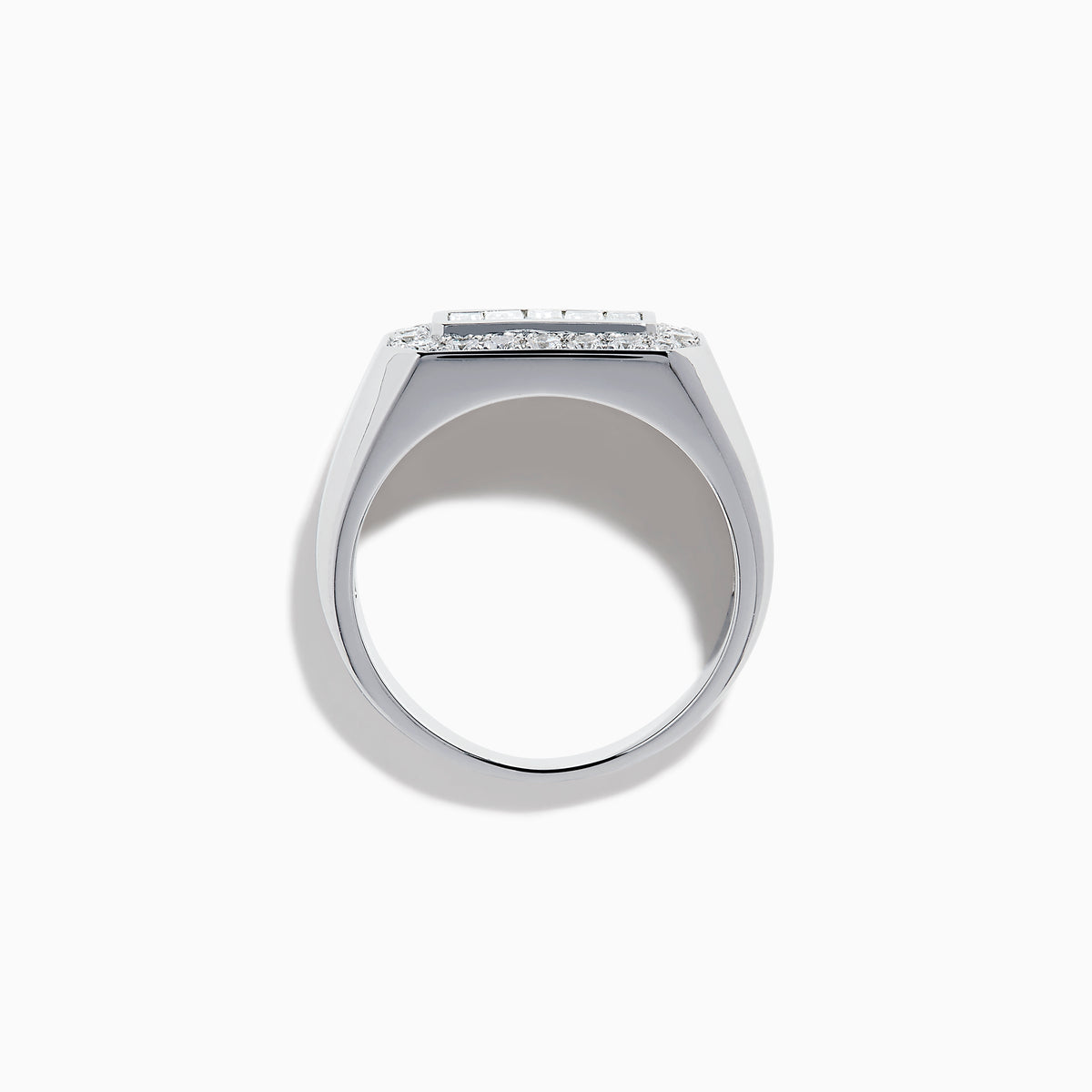 The Men's 14K White Gold Baguette and Round Diamond Signet Ring features a rectangular center set with four baguette-cut diamonds, bordered by smaller round diamonds, shown against a white background.