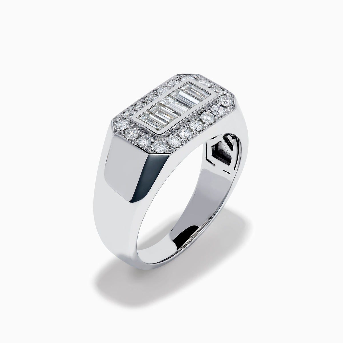 The Men's 14K White Gold Baguette and Round Diamond Signet Ring features a rectangular center set with four baguette-cut diamonds, bordered by smaller round diamonds, shown against a white background.