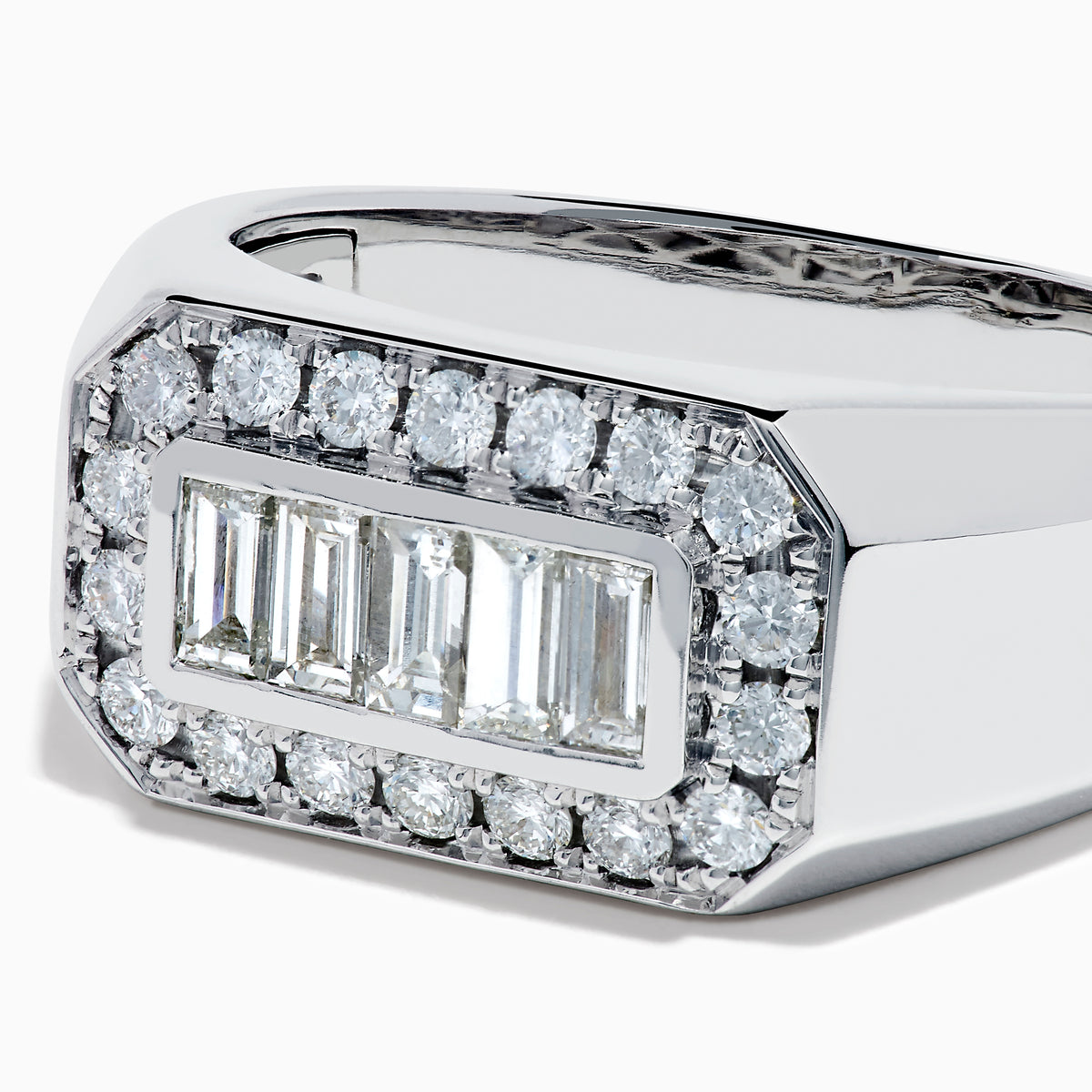 The Men's 14K White Gold Baguette and Round Diamond Signet Ring features a rectangular center set with four baguette-cut diamonds, bordered by smaller round diamonds, shown against a white background.