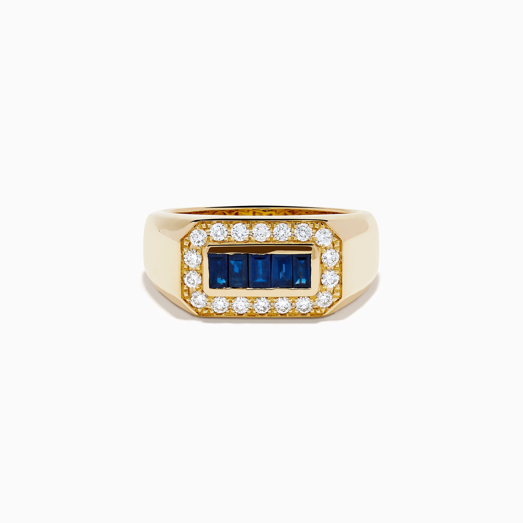 The Men's 14K Yellow Gold Diamond and Blue Sapphire Signet Ring features a bold rectangular center of blue sapphires, framed by round white diamonds in a symmetrical yellow gold setting.
