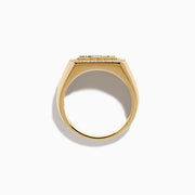 The Men's 14K Yellow Gold Diamond and Blue Sapphire Signet Ring features a bold rectangular center of blue sapphires, framed by round white diamonds in a symmetrical yellow gold setting.