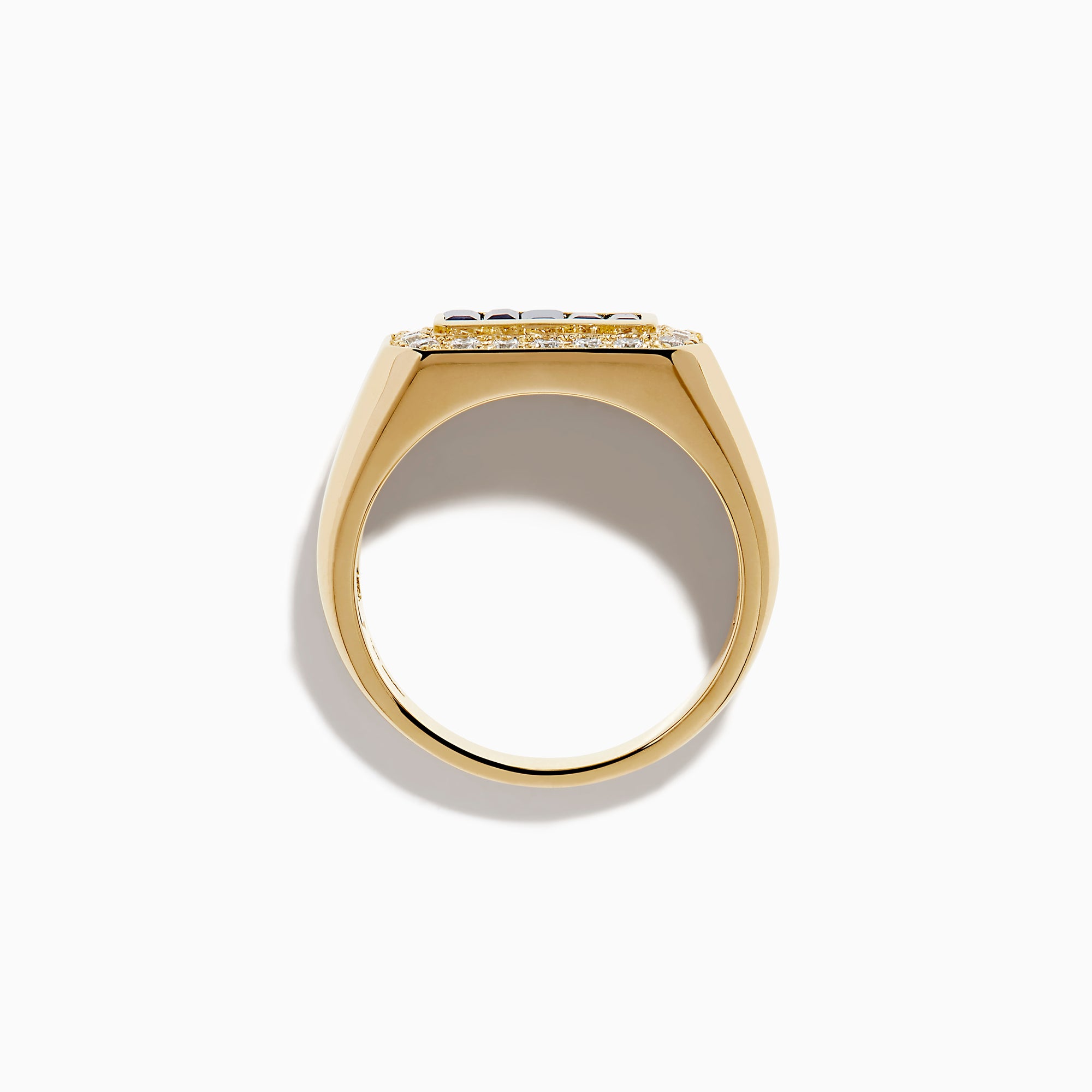 The Men's 14K Yellow Gold Diamond and Blue Sapphire Signet Ring features a bold rectangular center of blue sapphires, framed by round white diamonds in a symmetrical yellow gold setting.
