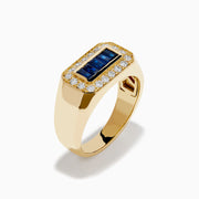 The Men's 14K Yellow Gold Diamond and Blue Sapphire Signet Ring features a bold rectangular center of blue sapphires, framed by round white diamonds in a symmetrical yellow gold setting.