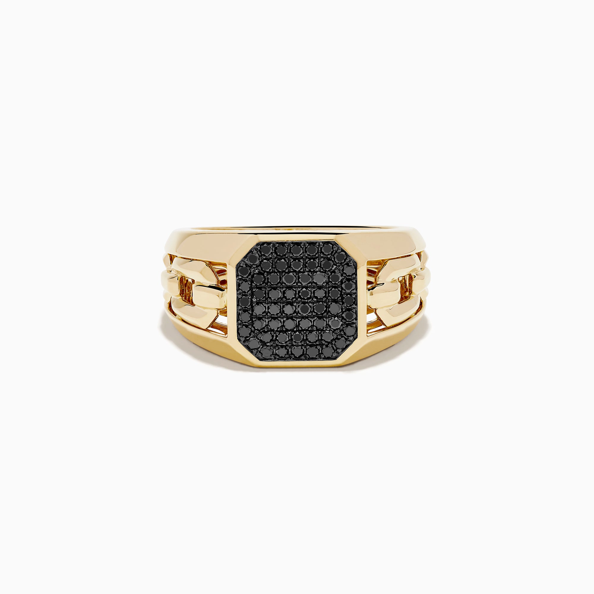The Men's 14K Yellow Gold Black Diamond Signet Ring features a chunky band and an octagonal face set with small black diamonds, displayed against a white background.