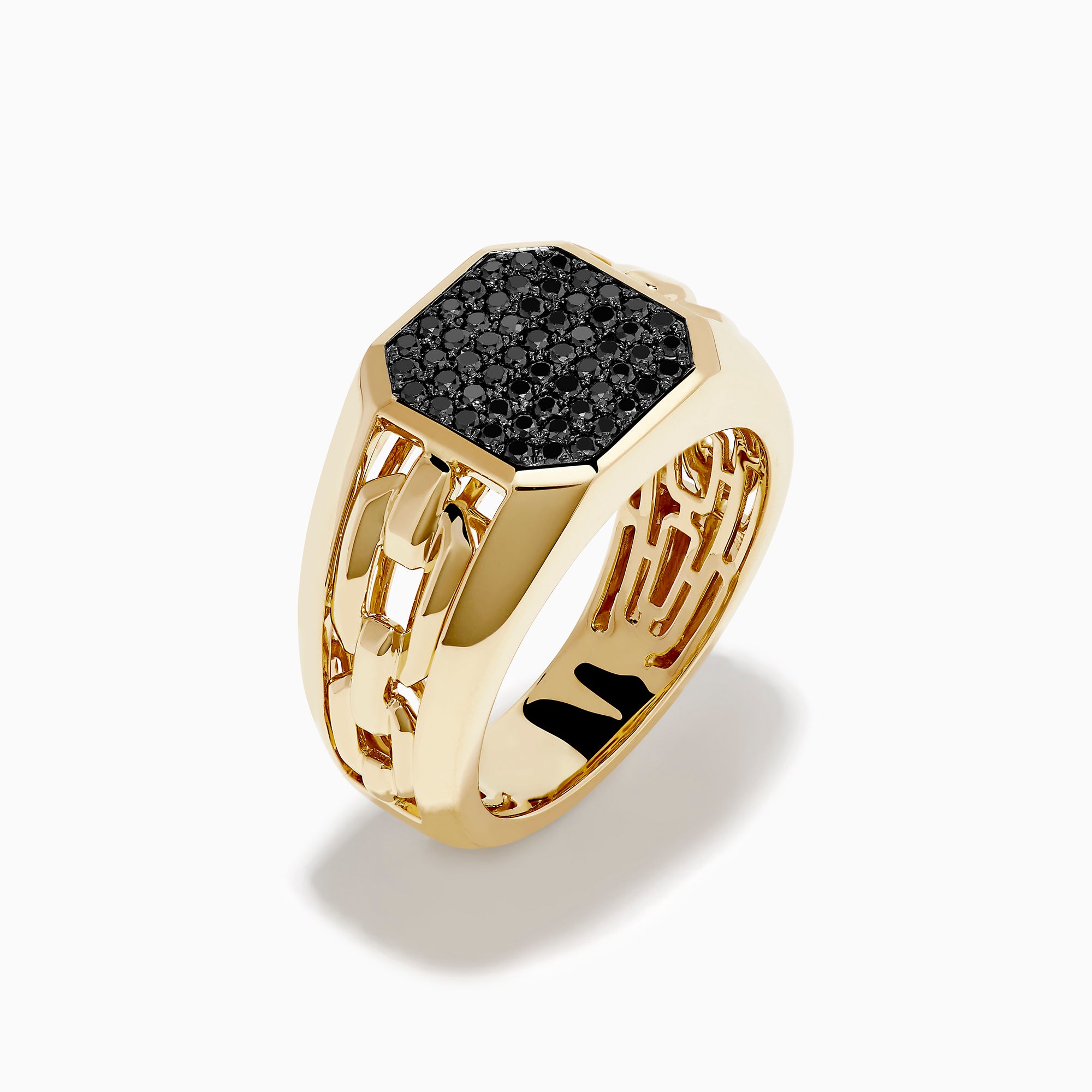 The Men's 14K Yellow Gold Black Diamond Signet Ring features a chunky band and an octagonal face set with small black diamonds, displayed against a white background.