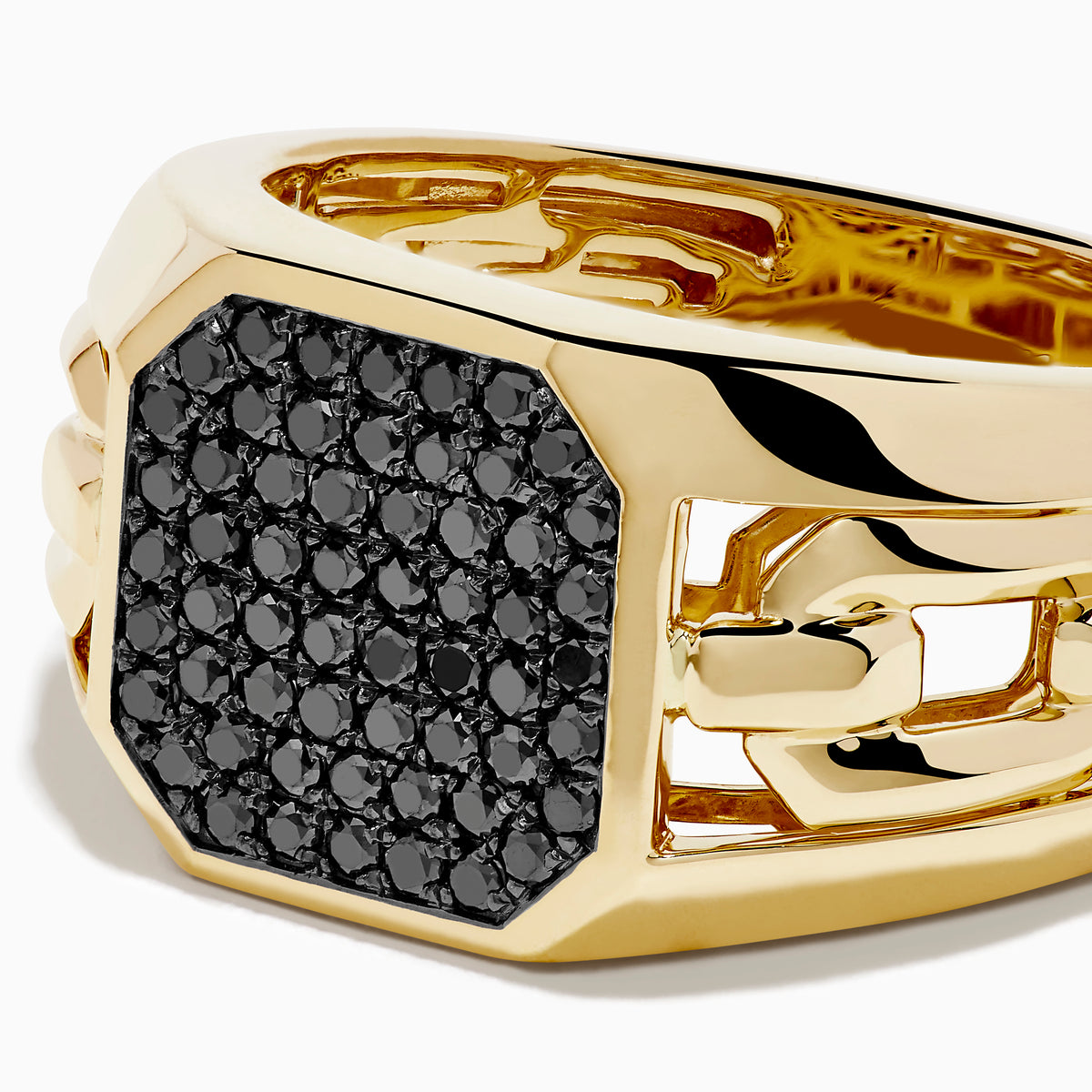 The Men's 14K Yellow Gold Black Diamond Signet Ring features a chunky band and an octagonal face set with small black diamonds, displayed against a white background.
