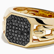 The Men's 14K Yellow Gold Black Diamond Signet Ring features a chunky band and an octagonal face set with small black diamonds, displayed against a white background.