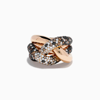 The 14K Rose Gold Black, White and Espresso Intertwined Ring features three interlocking bands: polished rose gold, white diamonds, and brown/black diamonds, shown against a white background.