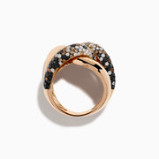 The 14K Rose Gold Black, White and Espresso Intertwined Ring features three interlocking bands: polished rose gold, white diamonds, and brown/black diamonds, shown against a white background.