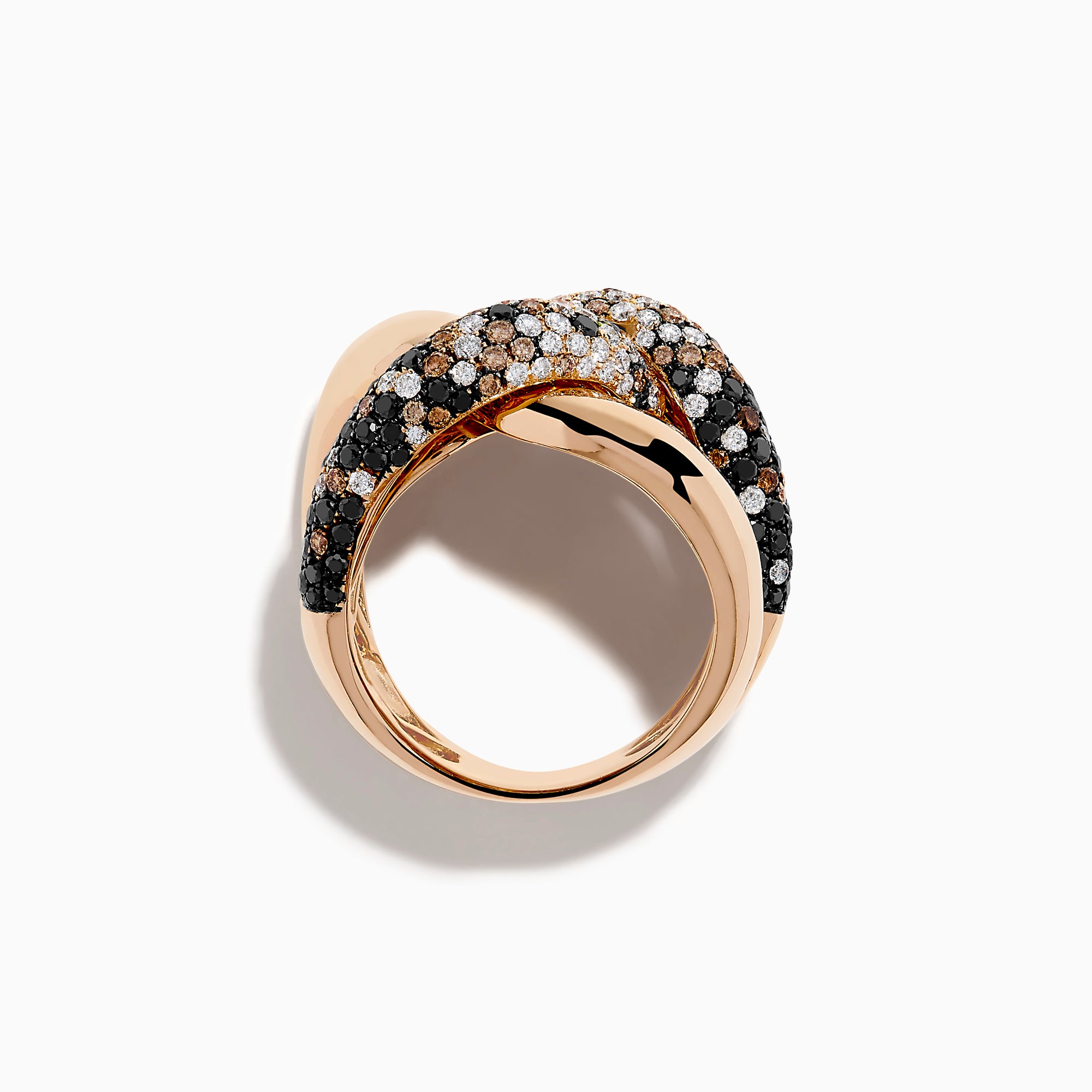 The 14K Rose Gold Black, White and Espresso Intertwined Ring features three interlocking bands: polished rose gold, white diamonds, and brown/black diamonds, shown against a white background.