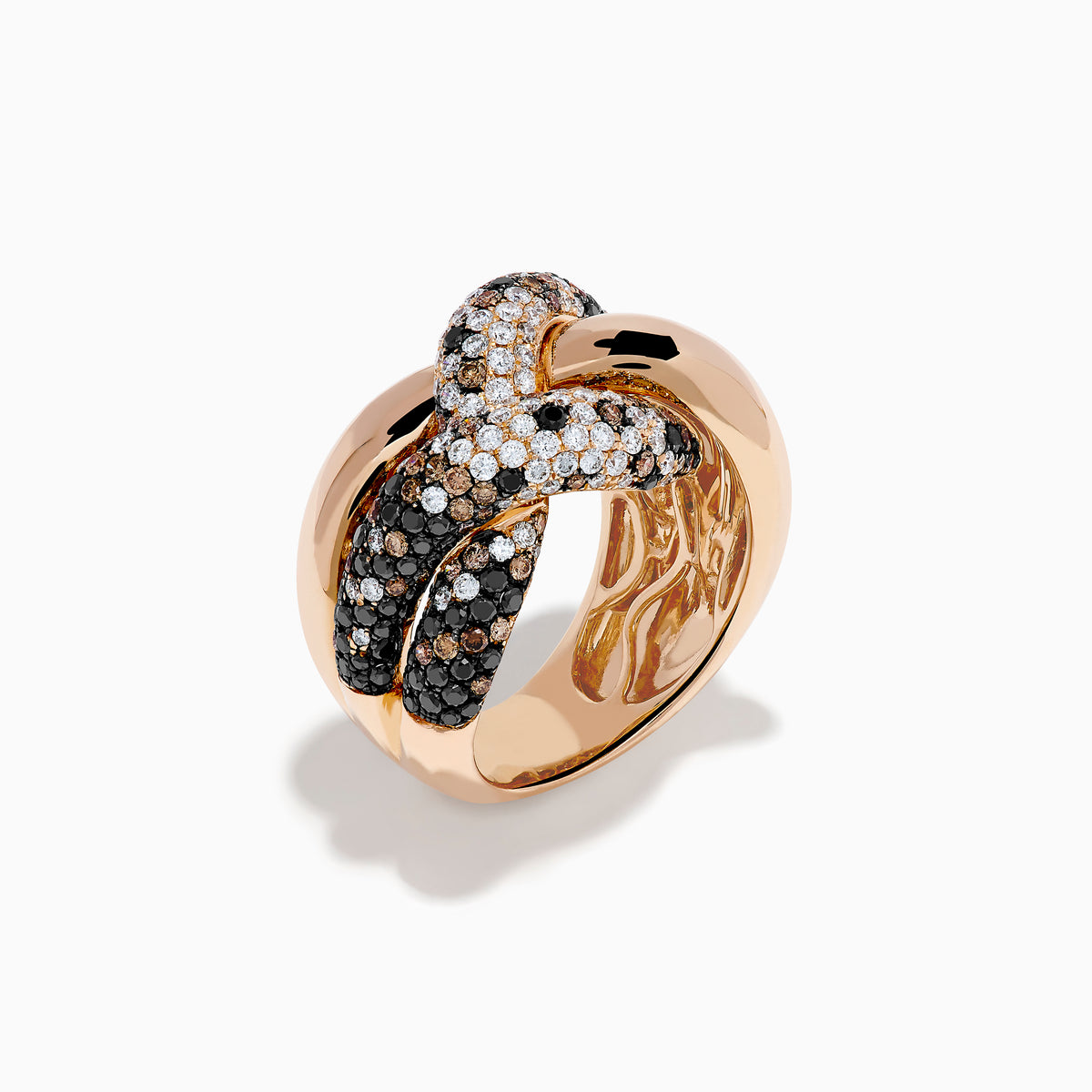 The 14K Rose Gold Black, White and Espresso Intertwined Ring features three interlocking bands: polished rose gold, white diamonds, and brown/black diamonds, shown against a white background.