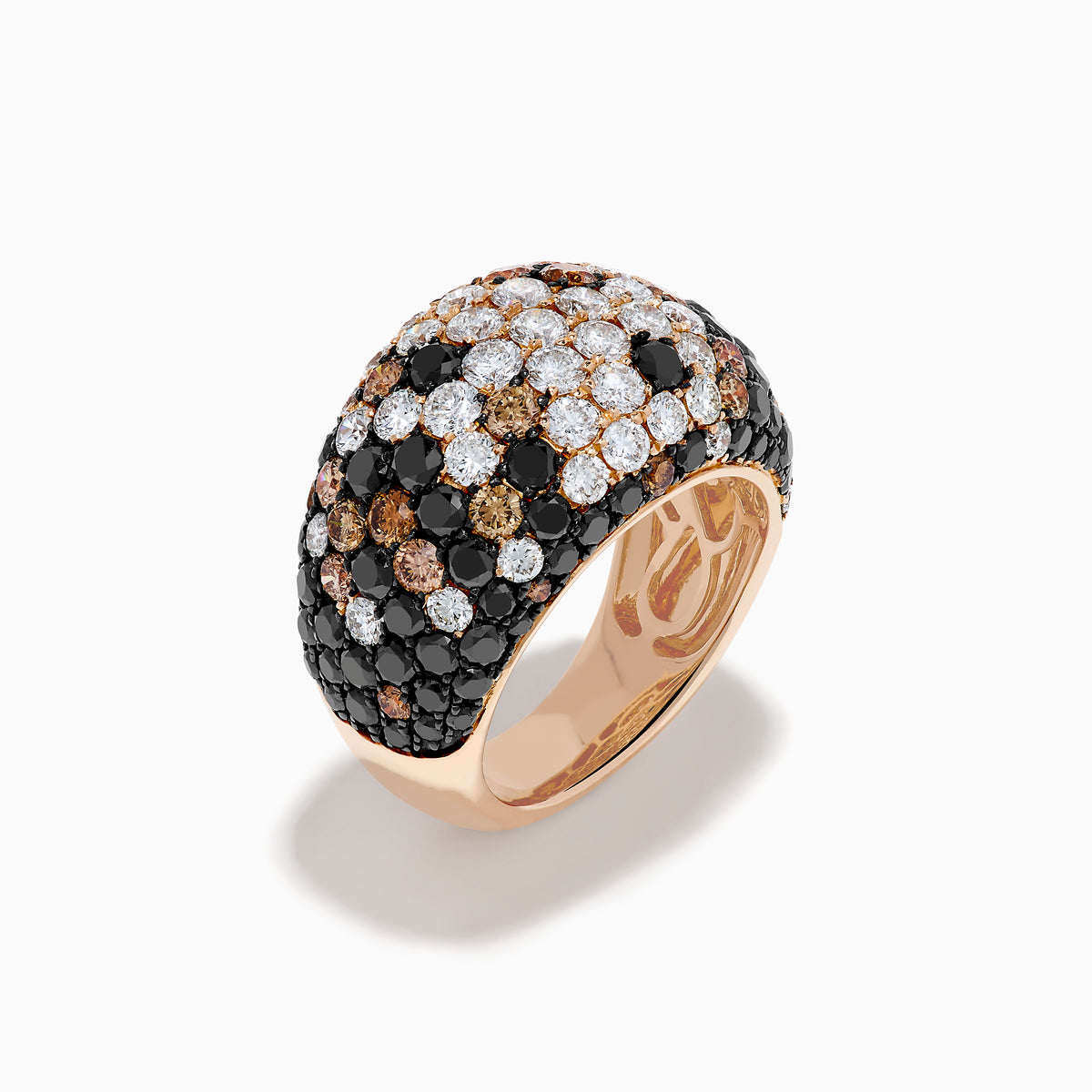 The 14K Rose Gold Black, White and Espresso Wide Dome Ring features a vibrant array of colored stones, adding bold charm to any outfit.