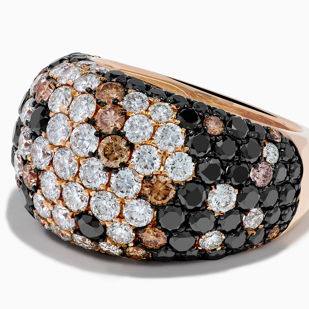 The 14K Rose Gold Black, White and Espresso Wide Dome Ring features a vibrant array of colored stones, adding bold charm to any outfit.