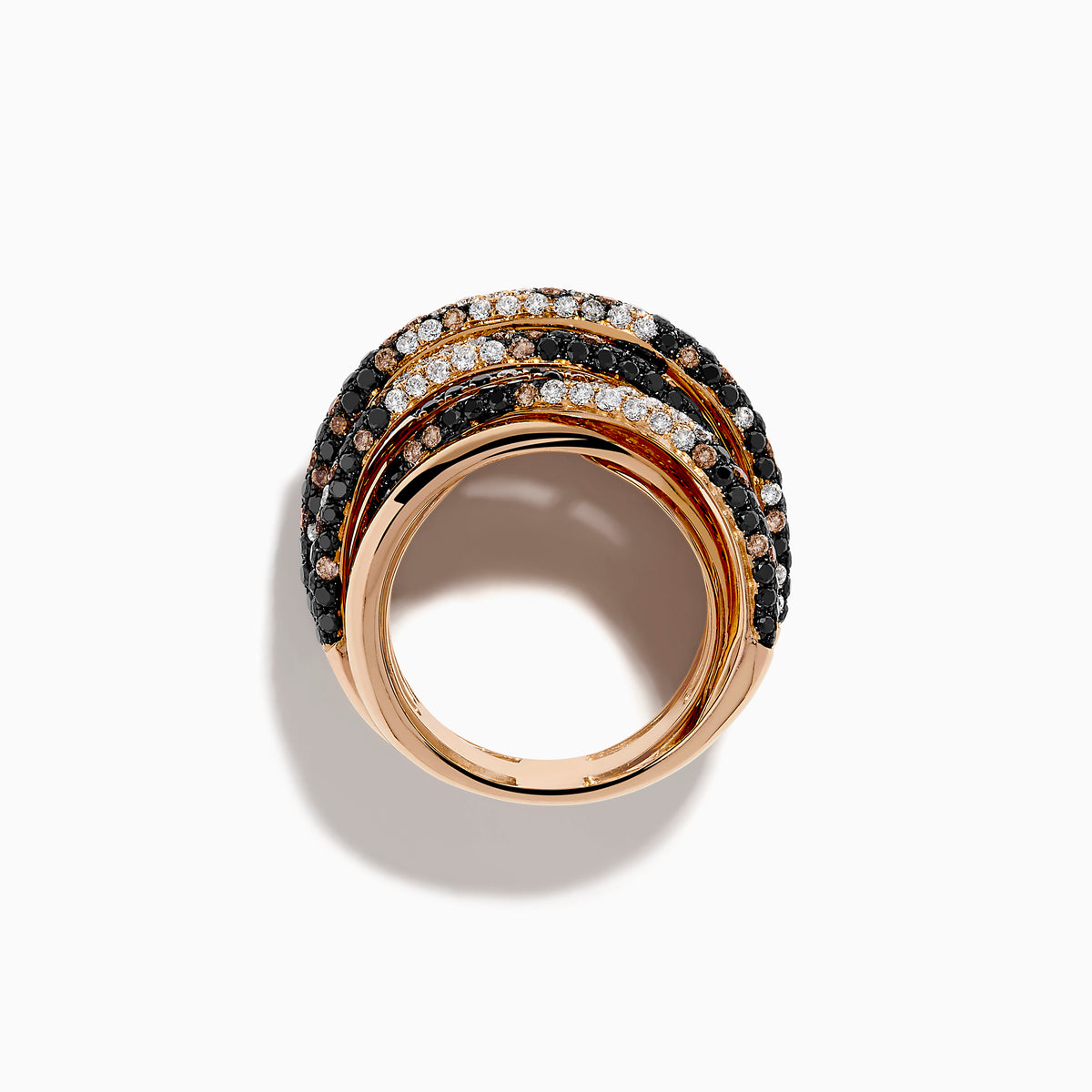 The 14K Rose Gold Black, White and Espresso Criss Cross Ring features five overlapping bands with alternating rows of sparkling black, white, and espresso stones in a bold criss cross design.