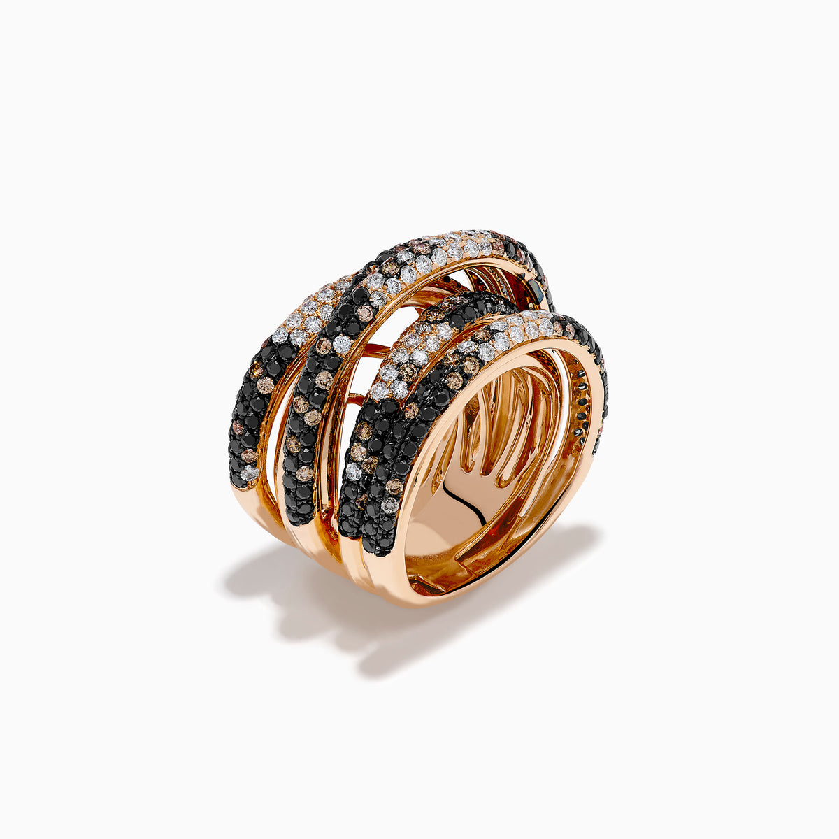 The 14K Rose Gold Black, White and Espresso Criss Cross Ring features five overlapping bands with alternating rows of sparkling black, white, and espresso stones in a bold criss cross design.