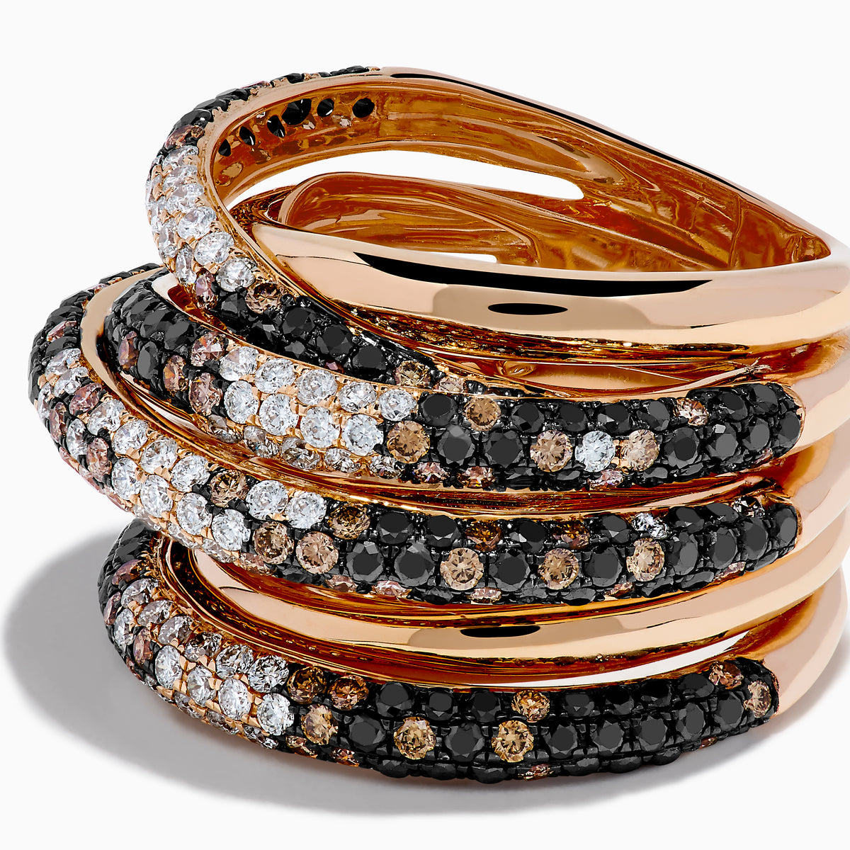 The 14K Rose Gold Black, White and Espresso Criss Cross Ring features five overlapping bands with alternating rows of sparkling black, white, and espresso stones in a bold criss cross design.